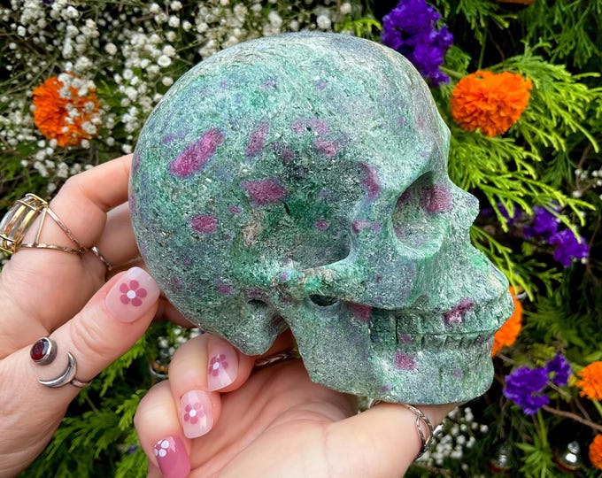 Ruby & Fuchsite Crystal Skull ~ 3 Lb. 2 oz.~ Sparkling Green and Red Colors ~ 5" Long ~ Hand-Crafted Display Sculpture ~ Fast Free Shipping