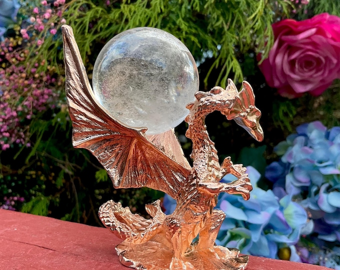 Ultra Clear Quartz Crystal Ball ~ 4 oz Sphere ~ 1 1/2 " Wide ~ Rose Gold Dragon Display Stand Reiki, Altar, Feng Shui ~ Fast & Free Shipping