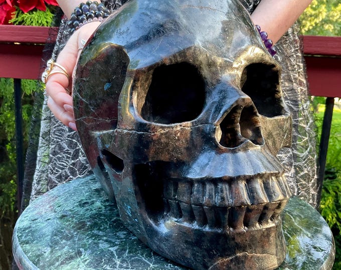 Huge Astrophyllite w/ Garnet and Black Tourmaline Crystal Skull ~ 26 Lb ~ 10" Long ~ Flashing Blue, Red & Black Colors ~ Metaphysical Decor