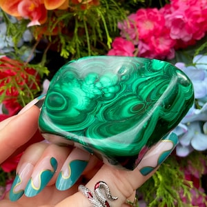 Malachite Crystal Bowl ~ 12 oz. - 3&quot; Long ~ Vintage Green Mineral Specimen ~ Swirling Bulls Eye Patterns ~ Fast & Free Shipping, U.S.A. ~
