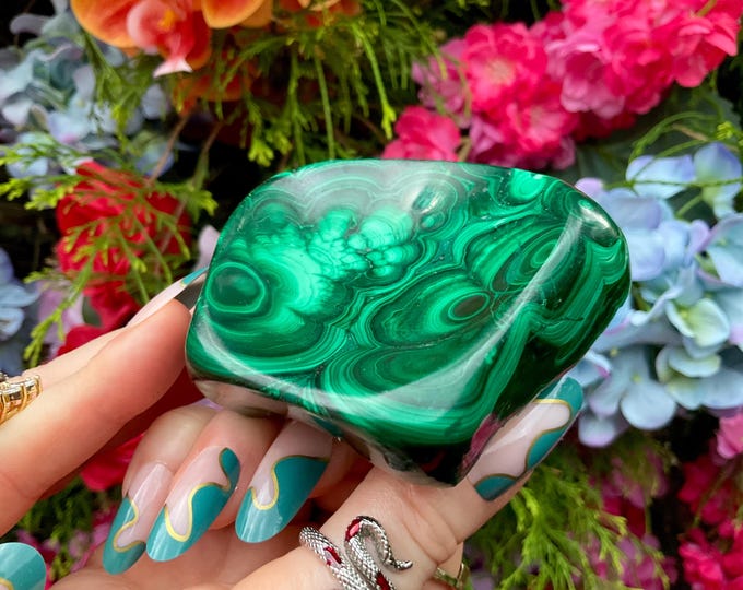 Malachite Crystal Bowl ~ 12 oz. - 3" Long ~ Vintage Green Mineral Specimen ~ Swirling Bulls Eye Patterns ~ Fast & Free Shipping, U.S.A. ~