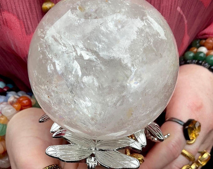 Clear Quartz Crystal Ball ~ Large 1 Lb. 7 oz. ~ 3" Wide ~ with Dragonfly Display Stand ~ Beautiful Home Decor ~ Free Shipping from U.S.A. ~