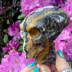 Jasper Crystal Alien Skull ~ 15 oz. ~ 4&quot; Long ~ Colorful Golden Yellow Black and White ~ One-of-a-Kind ~ Expertly Hand Carved Sculpture