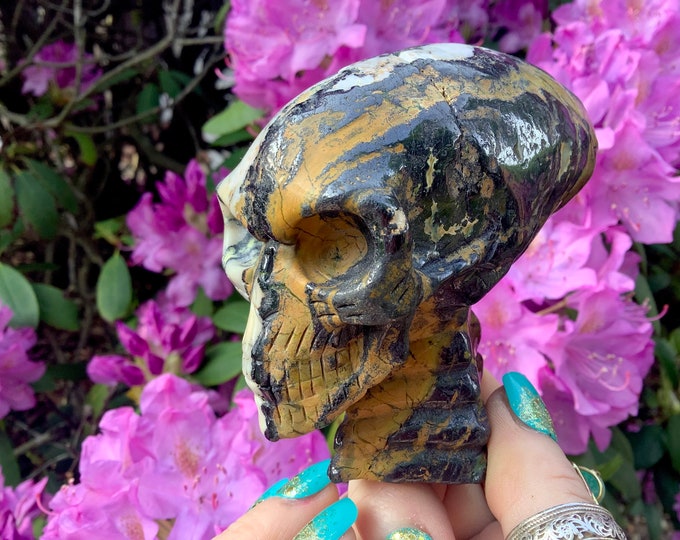 Jasper Crystal Alien Skull ~ 15 oz. ~ 4" Long ~ Colorful Golden Yellow Black and White ~ One-of-a-Kind ~ Expertly Hand Carved Sculpture