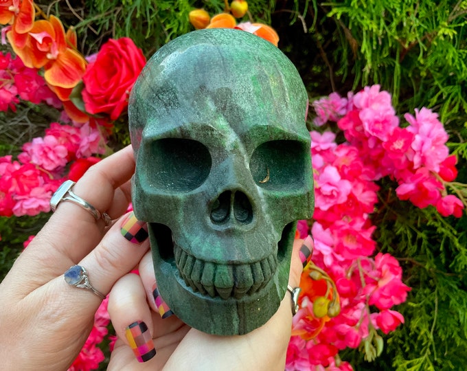 Green Garnet Crystal Skull ~ Large 3 Lb. ~ 5" Long ~ Swirling Colorful Red & Black Inclusions ~ Expertly Hand Carved ~ Fast Free Shipping