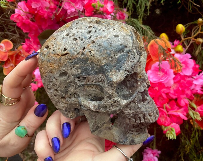 Fossilized Jasper Crystal Skull ~ Large 2 Lb. 7 oz ~ 5" Long ~ Hand Carved Sculpture ~ Swirling Purple, Gray & Black Colors ~ Fast Shipping
