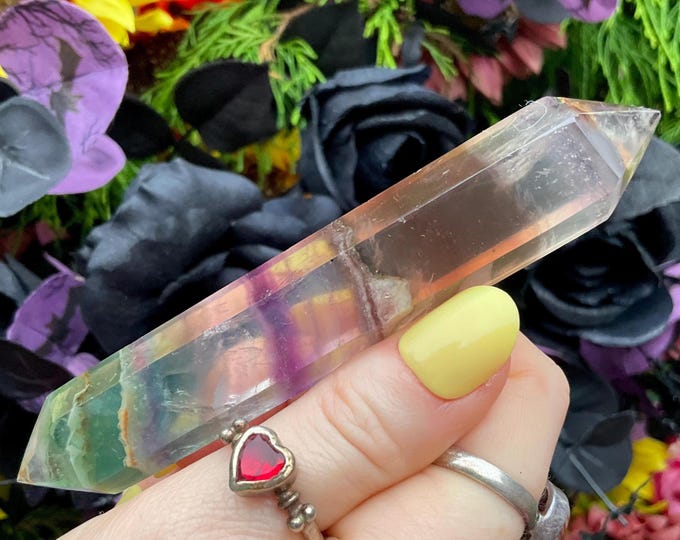 Rainbow Fluorite Double Terminated Wand ~ Large 2.5 oz. ~ 4" Long ~ Yellow, Gold, Purple ~ Fast & Free Shipping, USA + Global Shipping