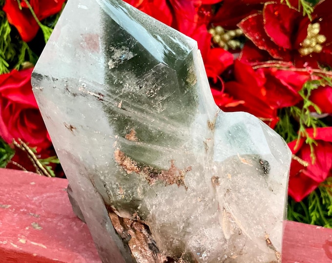 Chlorite Quartz Crystal Generator ~ Large 2 lb. 15 oz. ~ 5" Tall ~ Clear Multi Point Beautiful Green & Red Phantoms ~ Fast and Free Shipping