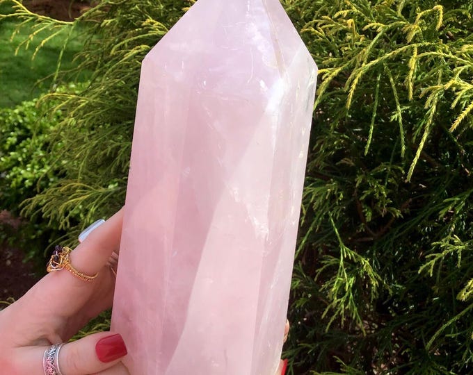 CLEARANCE! ~ Rose Quartz Crystal Generator ~ Large 5 lb. 13 oz. ~ 9" Tall Tower ~ Swirling Pastel Pink and White Colors
