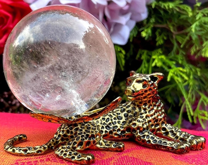 Clear Quartz Crystal Ball ~ 6 oz. Sphere ~ 2" Wide Sparkling Rainbow Inclusions ~ Beautiful Crystal Ball with Golden Leopard Display Stand ~