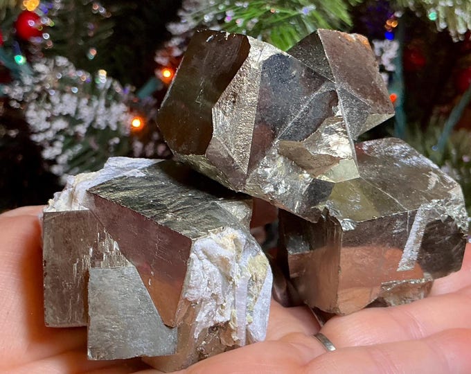 Pyrite Cubic Crystal 3 Piece Set ~ 15 oz. Total Weight ~ 1 1/2" Square ~ Naturally Sparkly Gold Mineral ~ Meditation Stone, Zen Room, Yoga