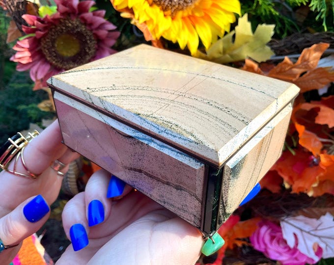 Picture Jasper Jewelry Box w/ Hinged Lid ~ 4" Long ~ Vintage Hand-Crafted Ural Mountains w/ Prehnite Inserts ~ Swirling Beige & Black Colors