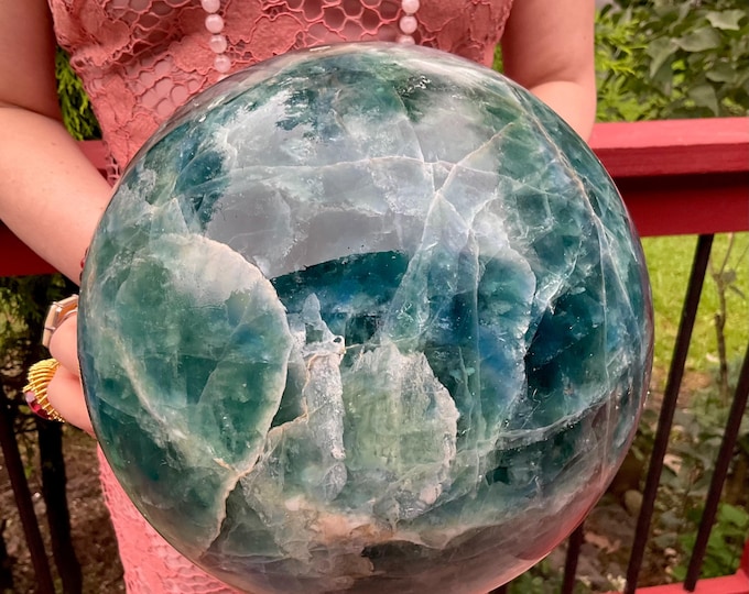 Huge 34 Lb. Blue & Green Fluorite Crystal Ball ~ 9" Wide ~ Stunning Metaphysical Home Decor, Centerpiece Display ~ Rare Color Combination ~