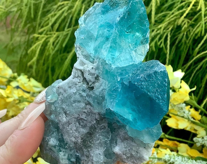 Blue Fluorite Crystal Cluster ~ Large 7.2 oz. ~ 3 1/2" Long ~ Sparkling Mineral Matrix ~ Ancient Clear Ice Blue Translucent Cubic Formation
