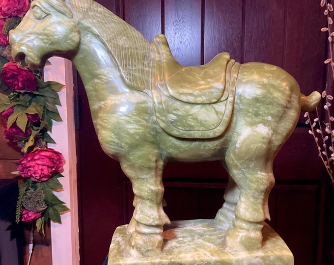 Jadeite Horse Large 42 Lb. ~ 16" Tall ~ Vintage Hand Carved Amazing Detail ~ Stunning Display Specimen ~ Gorgeous Green Animal Totem