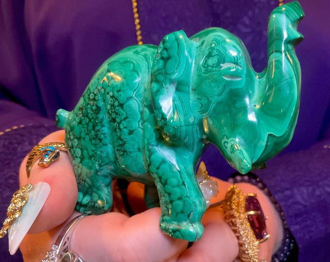 Vintage African Malachite Elephant 11 oz. ~ 3" Long Hand Crafted from the Congo ~ Swirling Green & Black Patterns ~ Animal Totem