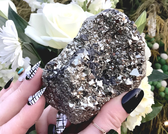 Pyrite Crystal Cluster ~ Large 15 oz. ~ 3 1/2" Long ~ Super Sparkly Golden Specimen ~ Meditation Stone, Feng Shui