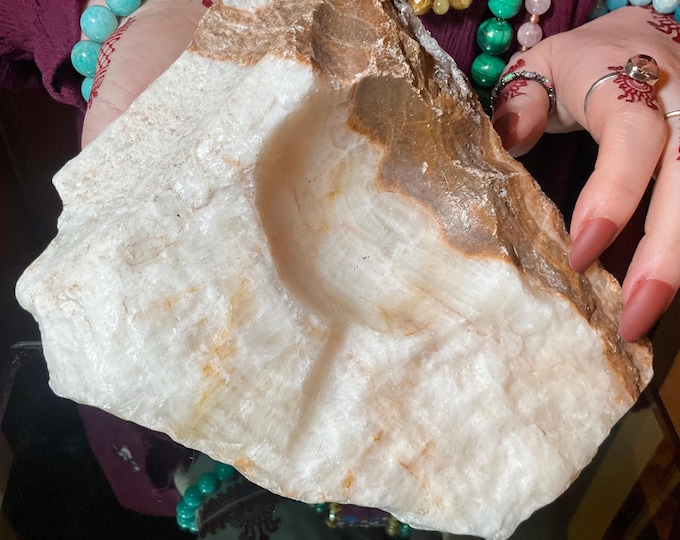White Calcite Crystal Bowl ~ Large 2 Lb. 12 oz. ~ 6" Long ~ White & Golden Colors Specimen ~ Natural Matrix