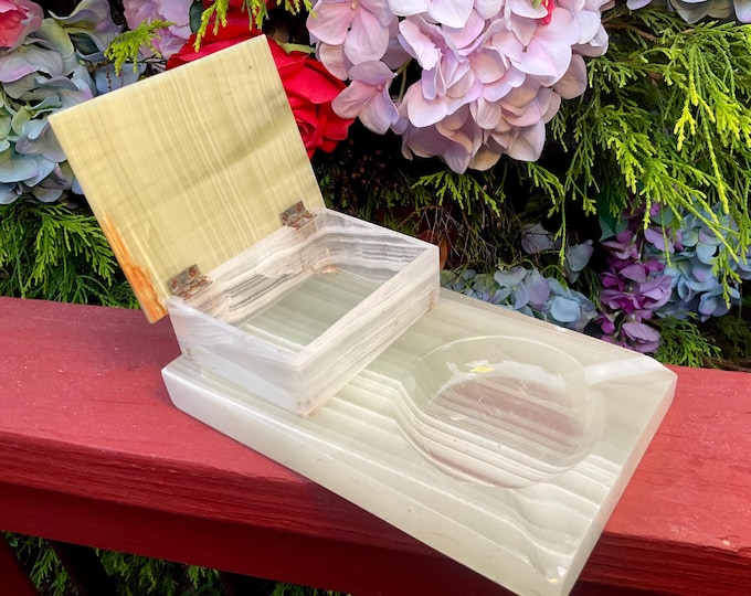 CLEARANCE! ~ Vintage White Onyx Stash Box ~ 8" Long ~ Hand Carved Mid-Century Cigarette Display ~ Swirling White Colors
