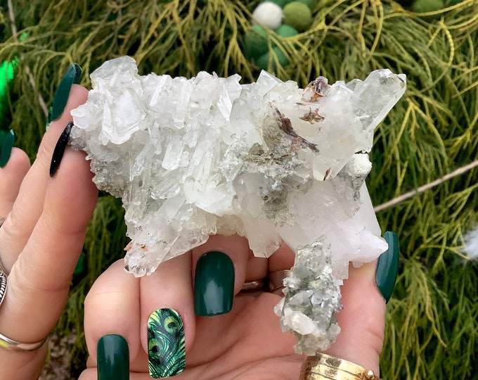 Faden, Brookite, Actinolite Clear Quartz Crystal Cluster ~ Large 5 oz. ~ 4" Long ~ Sparkling Points ~ Altar Display ~ Fast Free Shipping
