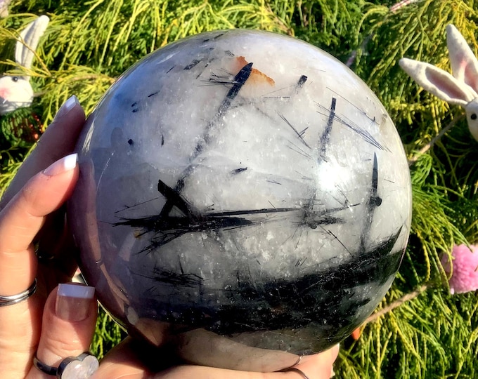 Black Tourmaline Quartz Crystal Ball ~ Large 9 lb. 14 oz. ~ 6" Wide ~ Golden Healer Inclusions ~ Metaphysical Home Decor, Root Chakra Altar