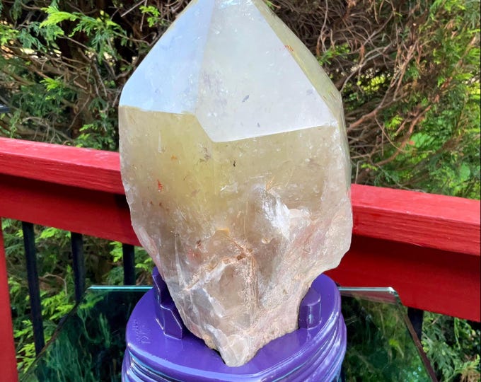 Clear Citrine Quartz Crystal Point ~ 15 Lb.  10 oz. ~ 10" Tall~ Sparkling Yellow with Golden Rainbow Inclusions ~ Custom Hand Carved Stand