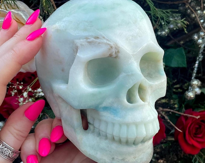 Amazonite Crystal Skull ~ 3 Lb. 8 oz ~ 5" Long ~ One-of-a-Kind Green, White & Blue Colors ~ Throat Chakra Healing, Altar Display, Home Decor