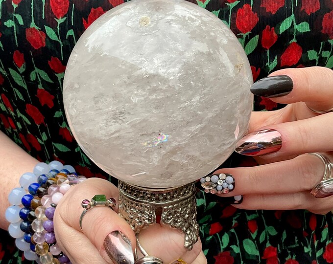 Clear Quartz Crystal Ball ~ w/ Ornate Decorative Display Stand ~ Large 2 Lb. 7 oz ~ 3 1/2" Wide ~ Fast & Free Shipping USA + Global Shipping