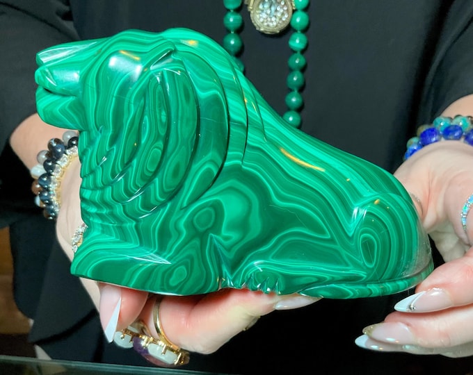 Malachite Lion Crystal Carving ~ Large 1 Lb. 13 oz. ~ 5" Long ~ Vintage Hand Carved in Congo, Africa ~ Museum Quality Polished Specimen