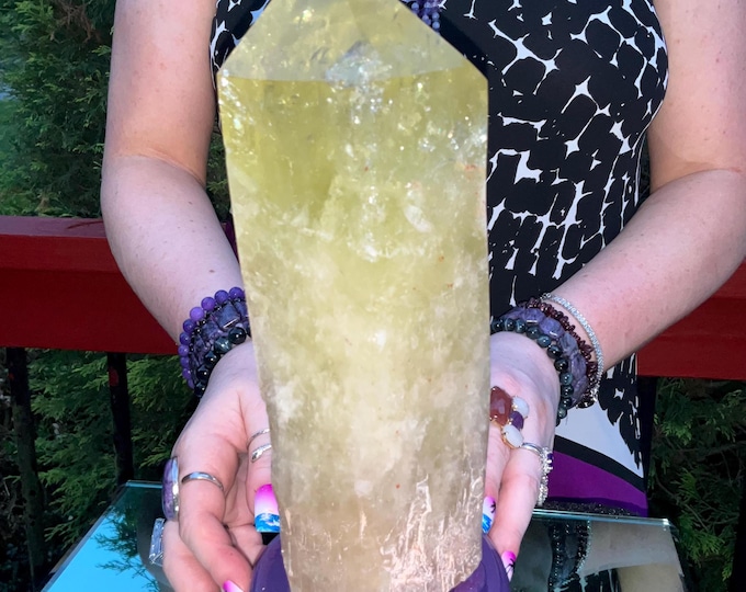 Clear Citrine Quartz Crystal Point ~ 5 Lb.  15 oz. ~ 9" Tall~ Sparkling Yellow with Golden Rainbow Inclusions ~ Custom Hand Carved Stand