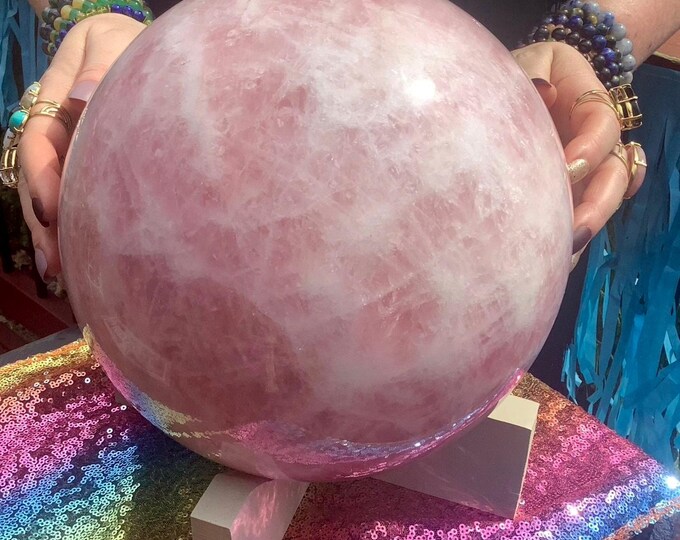 Rose Quartz Crystal Ball ~ Large 35 lb. ~ 8 1/2" Wide Sphere ~ w/ Custom Wooden Display Stand ~ Reiki, Altar, Display ~ Fast & Free Shipping