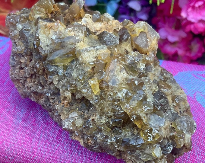 Yellow Fluorite Crystal Cluster ~ Large 1 Lb. 15 oz. ~ 5" Long ~ Translucent Cubic Specimen ~ Sparkling Deep Golden Color, Fast Shipping USA