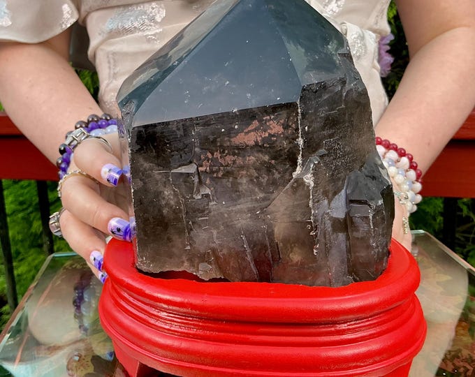 Black Morion Quartz Display Crystal 8 Lb. 13 oz.  Single-Terminated Point Cluster ~ 6" Tall ~Natural Black Color ~ Custom Hand Carved Stand