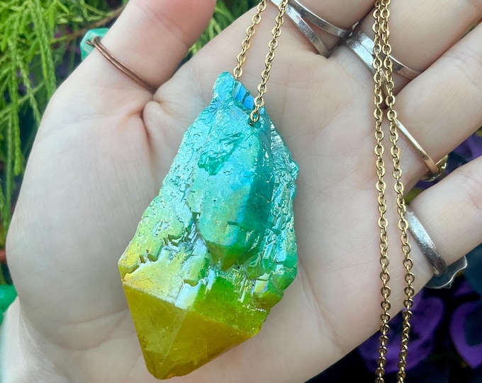 Aura Quartz Crystal Pendant Necklace ~ Large 2 1/2" Long ~ Sparkling Green & Yellow Elestial Quartz ~ Fast and Free Shipping ~