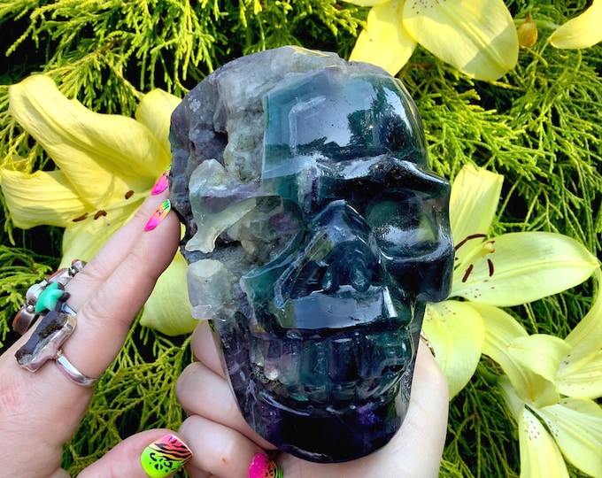 Rainbow Fluorite Crystal Skull ~ Large 3 Lb. 13 oz.~ 4" Tall ~ Hand Carved ~ Blue, Green, Purple and Clear Colors ~ Fast & Free Shipping USA