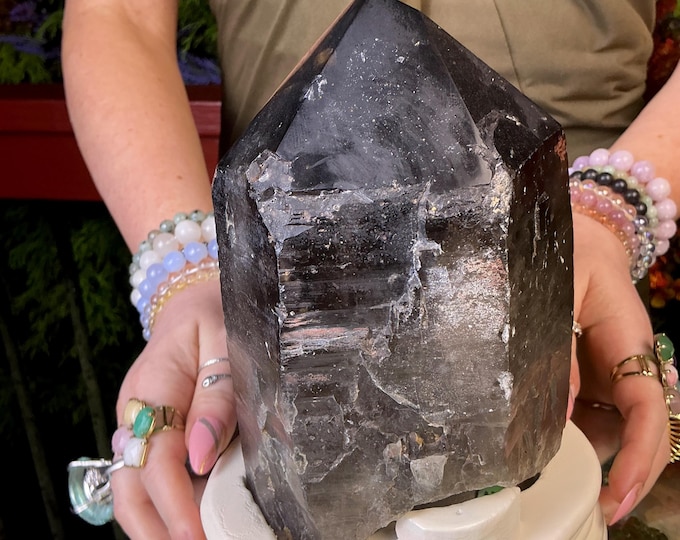 Black Morion Quartz Display Crystal 6 Lb. 13 oz.  Single-Terminated Point Cluster ~ 9" Tall ~Natural Black Color ~ Custom Hand Carved Stand