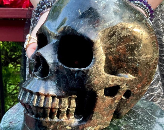 Huge Astrophyllite w/ Garnet and Black Tourmaline Crystal Skull ~ 26 Lb ~ 10" Long ~ Flashing Blue, Red & Black Colors ~ Metaphysical Decor