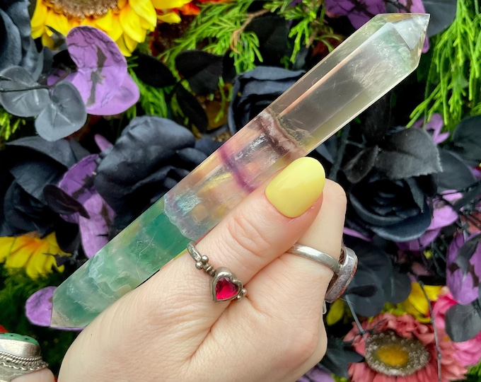 Rainbow Fluorite Double Terminated Wand ~ Large 3.2 oz. ~ 6" Long ~ Clear, Green, Purple ~ Fast & Free Shipping, USA + Global Shipping