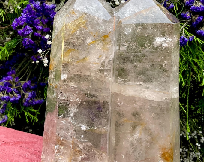 Large Clear Quartz Twin Flame Generator: 7 lb, Rainbow Inclusions, Feng Shui Decor