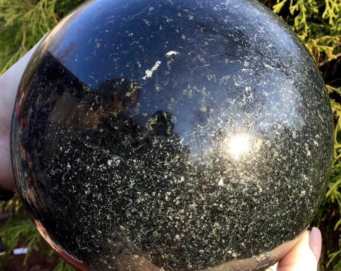 Black Tourmaline Crystal Ball - Large 11 Lb. 12 oz. ~ 5“Wide ~ Sparkling Golden Pyrite Inclusions ~ Reiki, Altar Display, Home Decor, Sphere