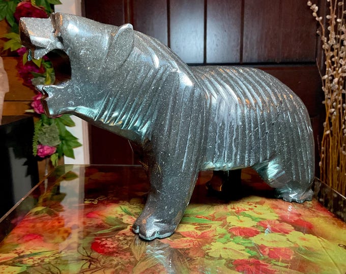 Vintage Black Tourmaline Bear Large 7 Lb.~ 11" Long ~ Art Sculpture Hand Carved Museum Quality ~ Swirling Sparkling Colors