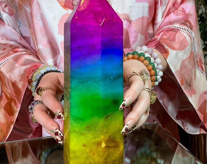 Rainbow Aura Fluorite Crystal Generator ~ Large 5 Lb. 13 oz. ~ 9" Tall Tower ~ Swirling Purple Green & Yellow Colors ~ Fast, Free Shipping