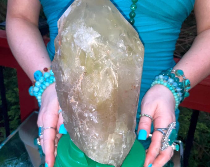 Clear Citrine Quartz Crystal Point ~ 9 Lb.  2 oz. ~ 10" Tall~ Sparkling Yellow with Golden Rainbow Inclusions ~ Custom Hand Carved Stand