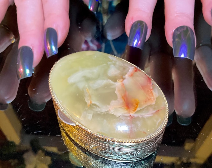 Afghan Jade Pill Box with Lid ~ 2 1/2" Oval ~ Handmade Vintage Antique Golden Display Box ~ Swirling Golden Yellow Colors