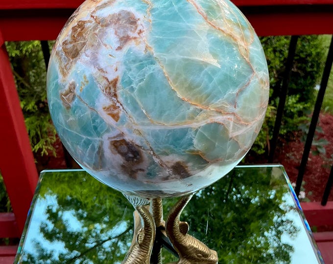 Caribbean Blue Calcite Crystal Ball ~ Large 12 Lb. Sphere ~ 6" Wide ~ Brass Dolphin Display Stand ~ Sparkling Swirling Blue & White Colors