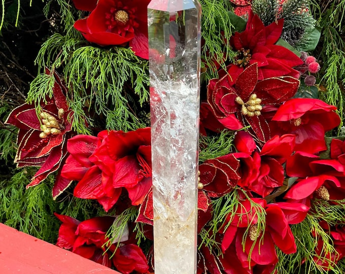 Clear Quartz Crystal Generator ~ Large 3 lb. ~ 13" Tall Tower w/Stand ~ White Clouds ~ Sparkling Rainbow Inclusions
