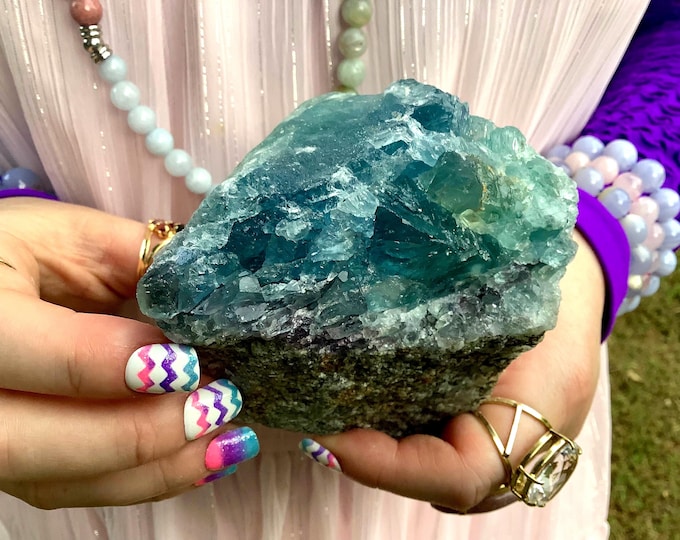 Blue Fluorite Crystal Cluster ~ Large 1 lb. 10 oz. ~ 4" Long ~ Ocean Blue & Clear Color ~ Fast and Free Shipping, USA + Global Shipping ~