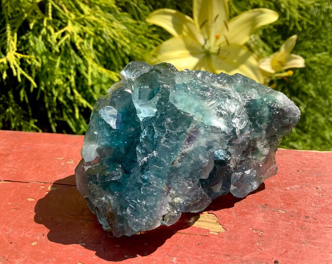 Blue Fluorite Crystal Cluster ~ Large 8 oz. ~ 3" Long ~ Deep Ocean Blue Color ~ Translucent Crystal ~ Sparkling Cubic Formations