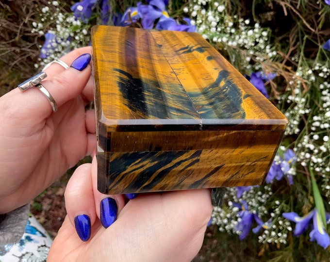 Tigers Eye Jewelry Box with Lid ~ 5" Long ~ 1 Lb. 5 oz ~ Vintage One of a Kind Handmade ~ Sparkling Yellow Blue Red Brown & Black Colors