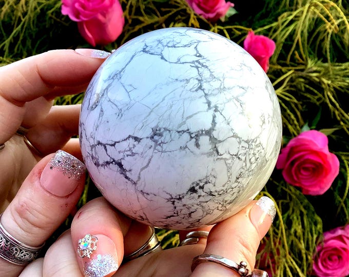 White Howlite Crystal Ball ~ Large 1 Lb. 6 oz. ~ 3" Wide ~ Soothing Natural Home Decor ~ Healing Altars, Reiki Displays, Crown Chakra Sphere